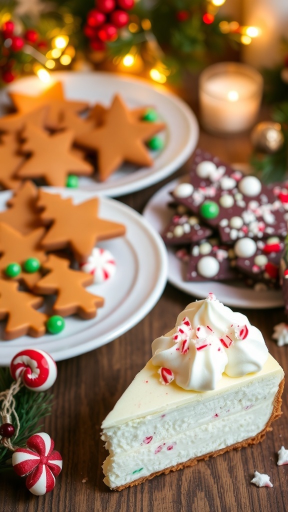 A variety of easy Christmas desserts including gingerbread cookies, peppermint bark, and no-bake cheesecake on a festive table.